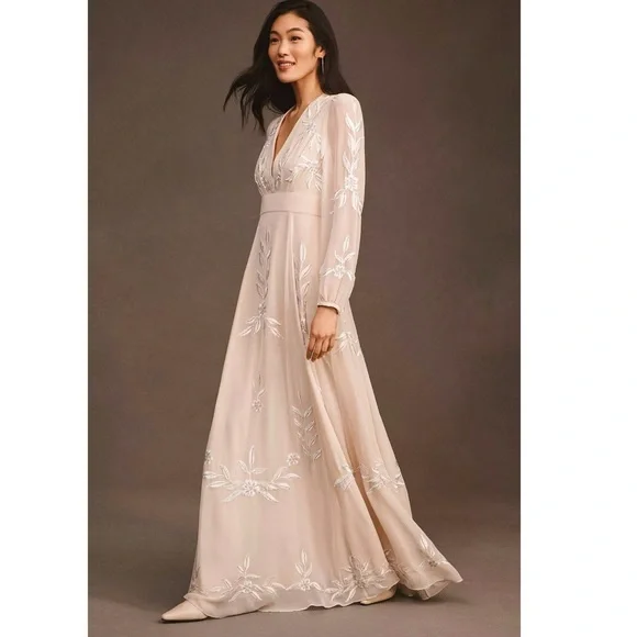 BHLDN Belize Embroidered A-Line Long-Sleeve V-Neck Gown 10 - Picture 4 of 16